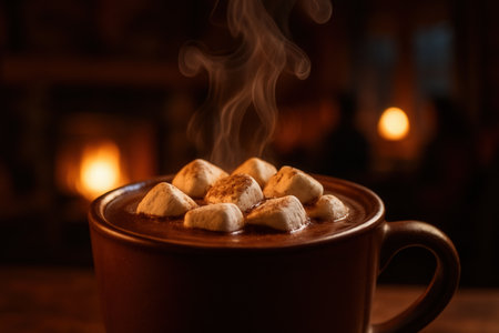 Hot chocolate with marshmallows on the background of a burning fireplaceの素材