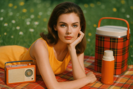 beautiful young woman lying on plaid with retro radio in parkの素材