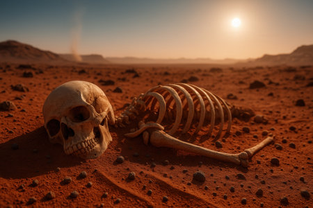 Human skull and skeleton in the desert at sunset.の素材