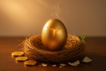 Easter egg in the nest with gold coinsの素材