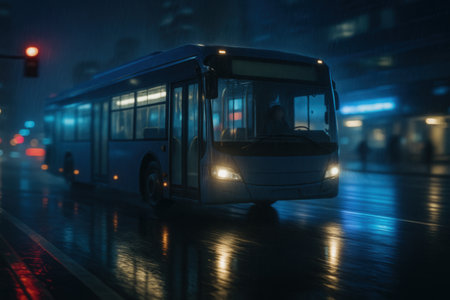 Blurred image of a bus at night.の素材
