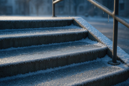 Staircase covered with snow in winter, close-up.の素材