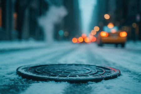 A manhole on the street in the city at night in winterの素材