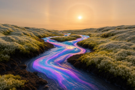 Fantasy landscape with a river flowing through the grassland during sunsetの素材