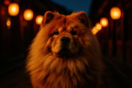 Beautiful chow chow dog in the city at night.の素材