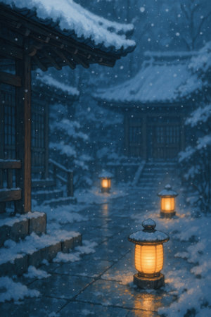 Korean traditional house and lanterns during snowfall at night.の素材