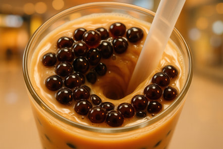 Iced Thai Milk Tea with Bubbles on topの素材