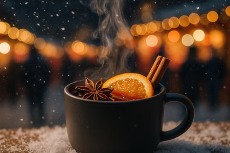 Cup of hot mulled wine with spices on snow and bokeh backgroundの素材