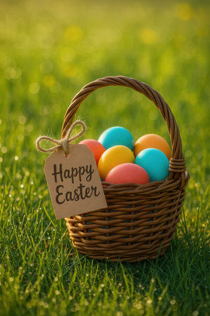 Colorful Easter eggs in a basket on green grass. Happy Easter card.の素材