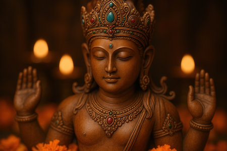 Ornate Spiritual Deity Statue With Candles And Marigold Offeringsの素材
