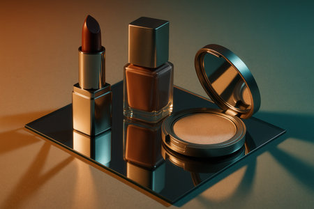 Lipsticks and mirror on a dark background.の素材