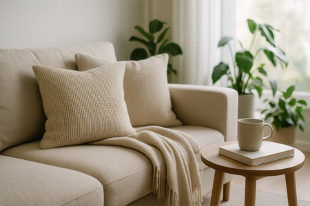 Cozy living room interior with beige sofa, coffee cup and plant.の素材