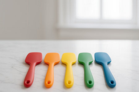 Multicolored plastic kitchen utensils on a white background.の素材