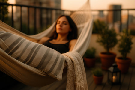 Young woman relaxing in hammock on terrace at sunset. Relax conceptの素材