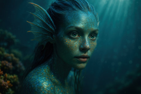 Fantasy portrait of a beautiful mermaid underwater. Fantasy theme.の素材