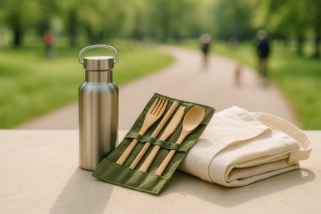A set of eco-friendly items for a picnic in the parkの素材
