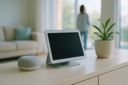 Tablet computer on table in modern living room with woman in backgroundの素材