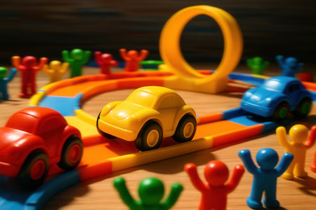 Colorful Toy Race Track With Plastic Cars And Cheering Mini Figuresの素材