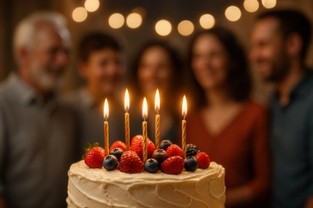 Birthday cake with candles and berries on blurred background, closeupの素材