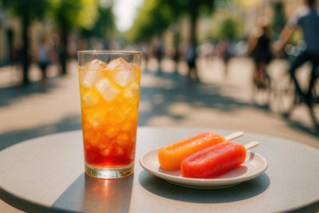 Iced Summer Drink and Colorful Popsicles Outdoorsの素材