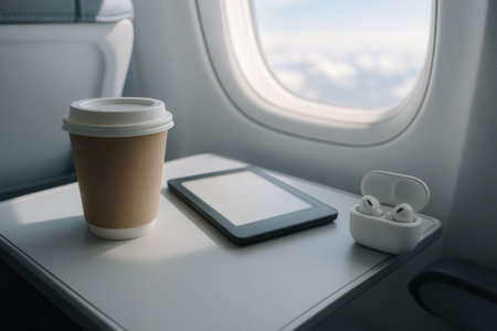 Coffee cup, tablet and headphones on the table in airplaneの素材