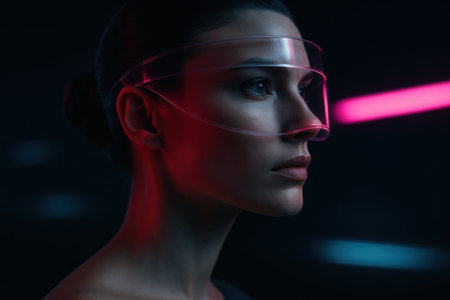 beautiful girl in futuristic glasses on black with neon lightの素材