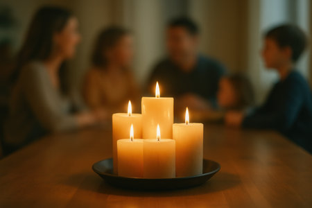 Candles on table with blurred people on background, close-upの素材