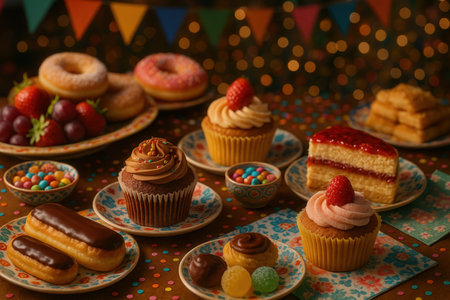 Cupcakes with different fillings and candies on colorful backgroundの素材