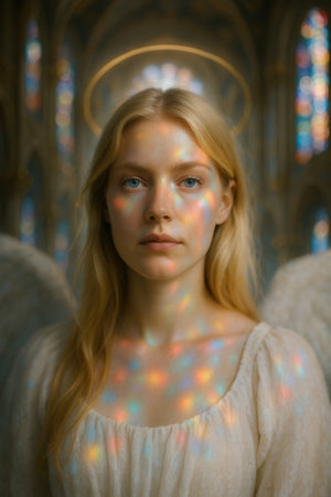 Portrait of an andel girl in a white dress on a background of stained glass.の素材