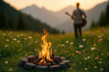 Man with guitar and campfire on the meadow in mountains at sunsetの素材