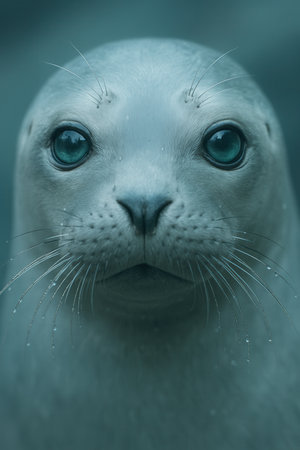 Close up portrait of a seal looking at the camera with blue eyesの素材