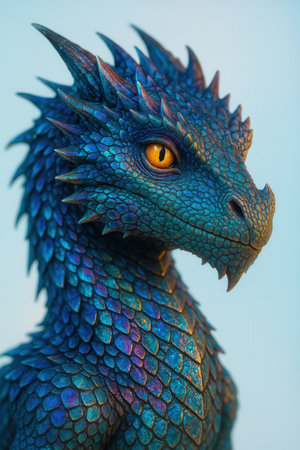 Blue dragon statue on blue background, close-up of the headの素材