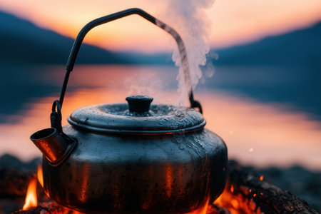 Kettle on the fire on the background of a beautiful sunset.の素材