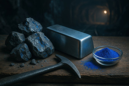Coal mining concept. Blue powder in a glass bowl with a hammer on a wooden table.の素材
