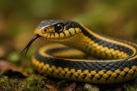 Close-up of the head of a snake in the forest.の素材