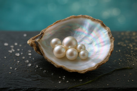 Pearl in oyster shell with sea salt on dark backgroundの素材