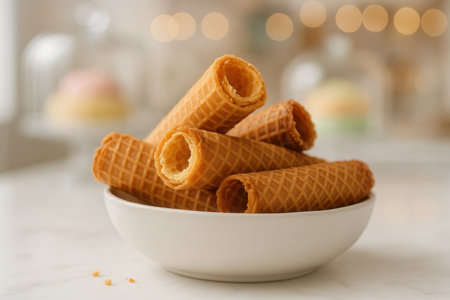 Bowl with tasty wafer rolls on table in kitchen, closeupの素材