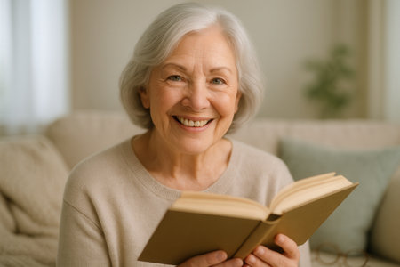 Portrait of a smiling senior woman reading a book at home.の素材