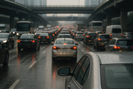 Traffic jam on the road in rainy dayの素材