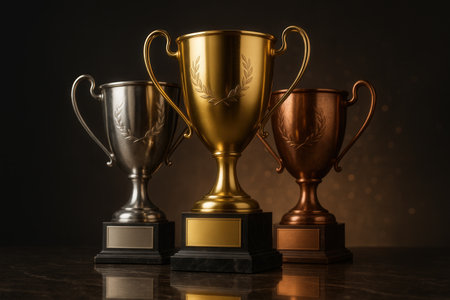 Golden, silver and bronze trophy cups on dark backgroundの素材