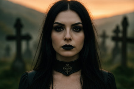 Portrait of a beautiful woman with long black hair in the cemeteryの素材