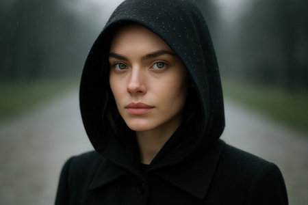 Young beautiful woman in a black coat and hood on a rainy dayの素材
