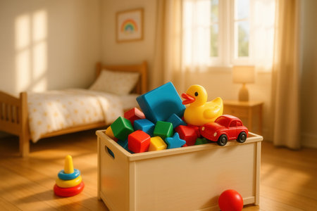 Wooden toys in children's room, closeupの素材