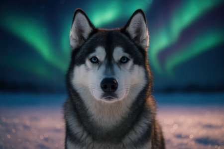 Siberian Husky dog portrait with northern lights in the backgroundの素材