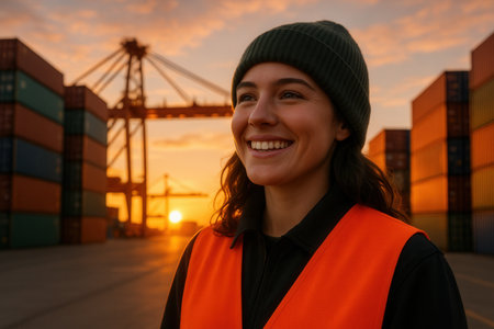 Portrait of a smiling female worker standing in front of container terminal at sunsetの素材