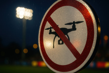No drone traffic sign on the football field at night. Warning signの素材