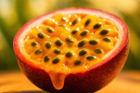 Passion fruit on wooden background. Passion fruit is a tropical fruit.の素材
