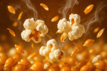 Popcorn and popcorn seeds flying in the air on a brown backgroundの素材
