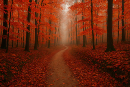 Foggy path in autumn forest with colorful leaves in the foregroundの素材