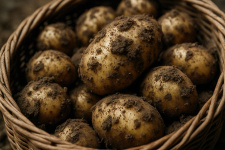 Fresh potatoes in a wicker basket on rustic wooden background, closeupの素材